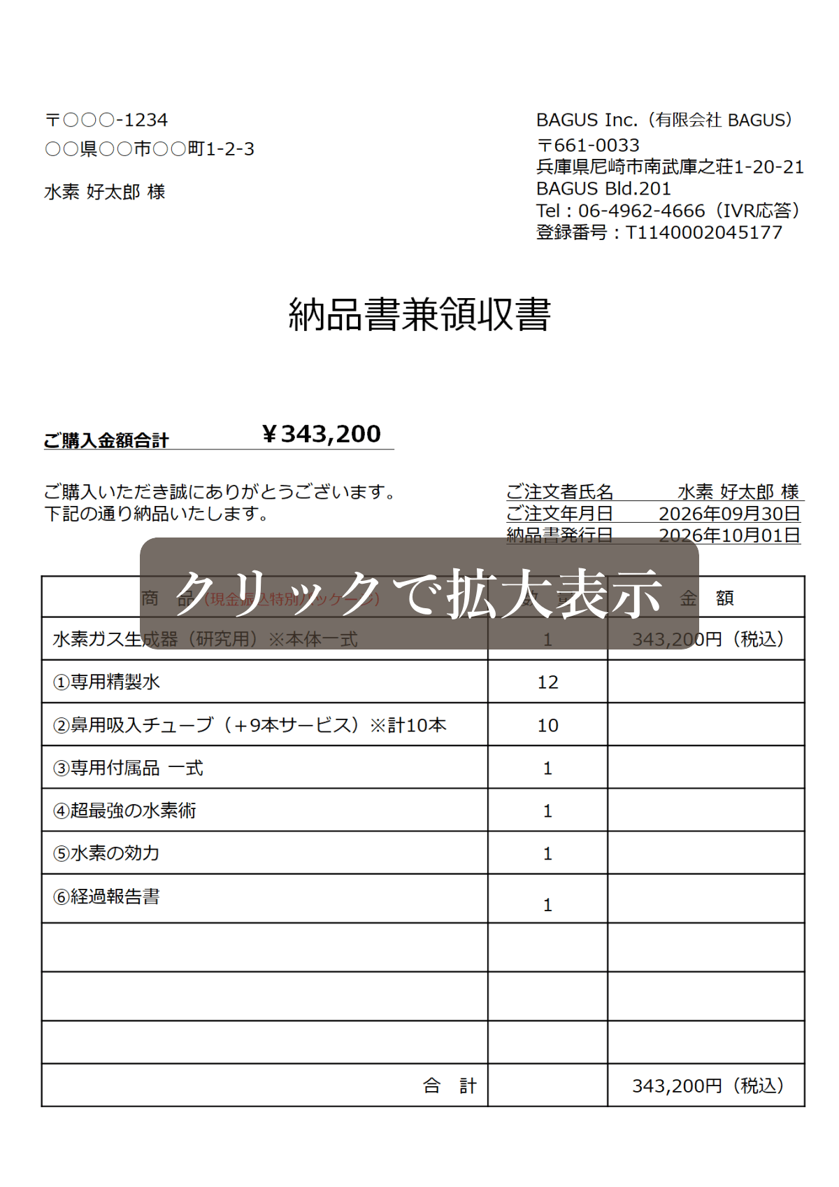 水素ガス生成器（研究用）の納品書兼領収書