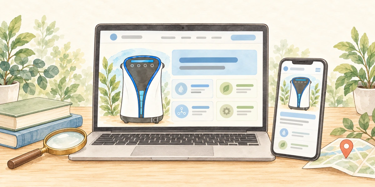 パソコンとスマートフォンで水素吸入器の情報を調べるイラスト