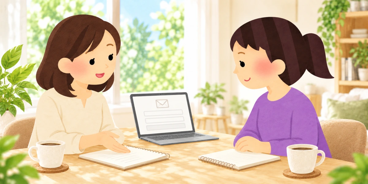 サロン見学やレンタル事業についてスタッフの説明を聞く女性のイラスト