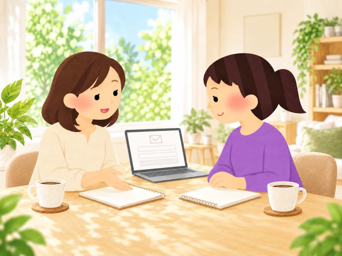 サロン見学やレンタル事業についてスタッフの説明を聞く女性のイラスト