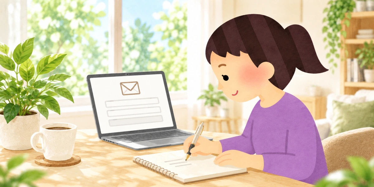 製品購入について確認したい内容をまとめる女性のイラスト