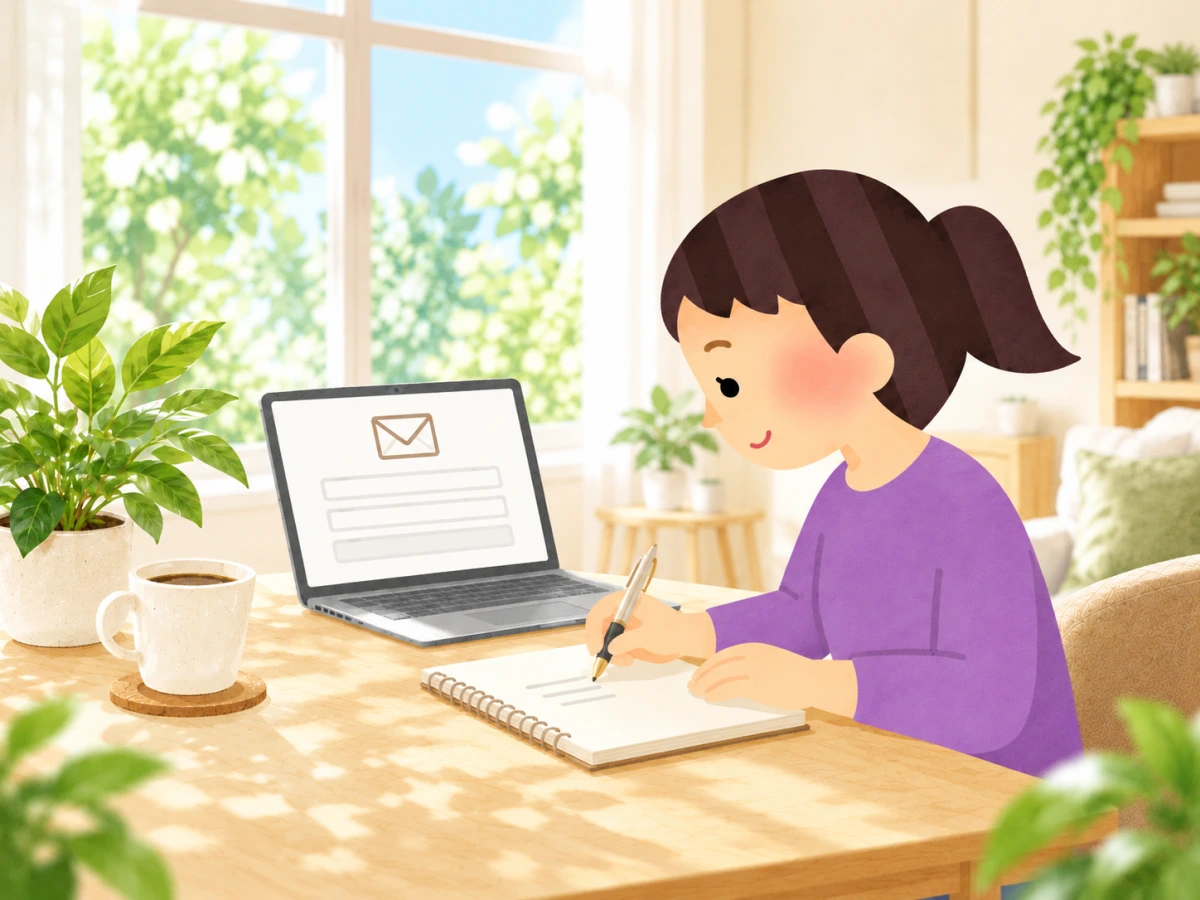 製品購入について確認したい内容をまとめる女性のイラスト