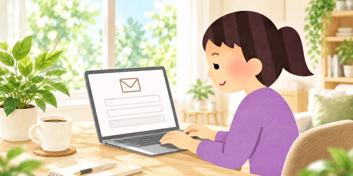 パソコンからレンタルについて問い合わせる女性のイラスト