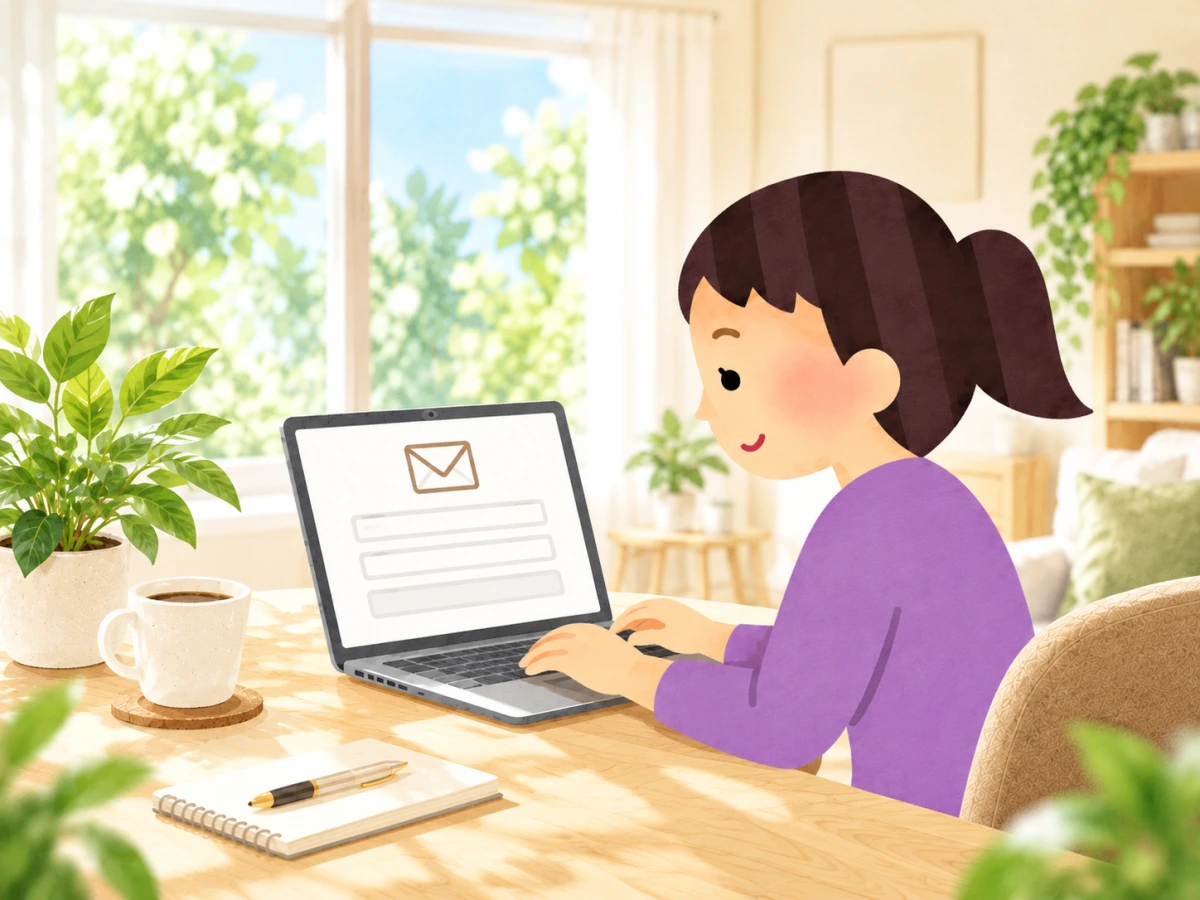 パソコンからレンタルについて問い合わせる女性のイラスト