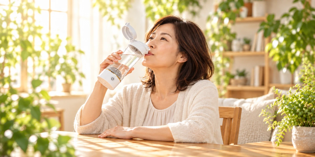 Lita水素デュアルボトルで生成した水素水を飲む女性
