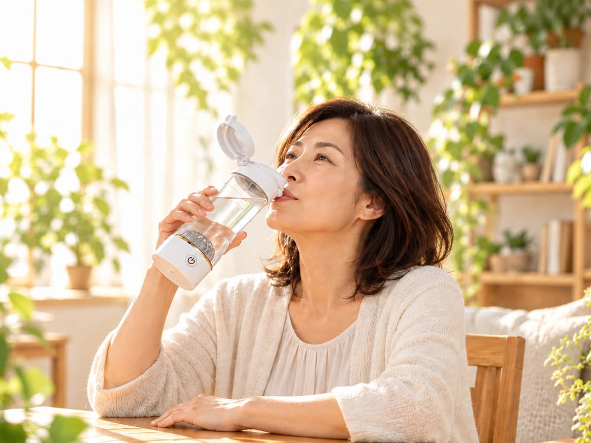 Lita水素デュアルボトルで生成した水素水を飲む女性