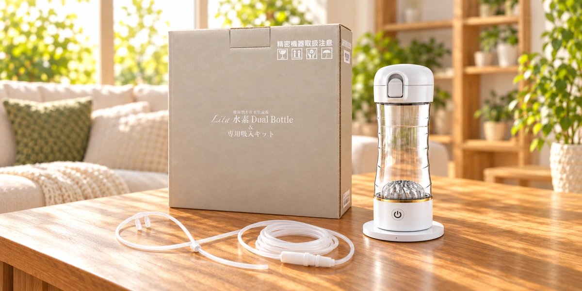 Lita水素デュアルボトルの本体と充電スタンド、専用吸入キット、製品箱