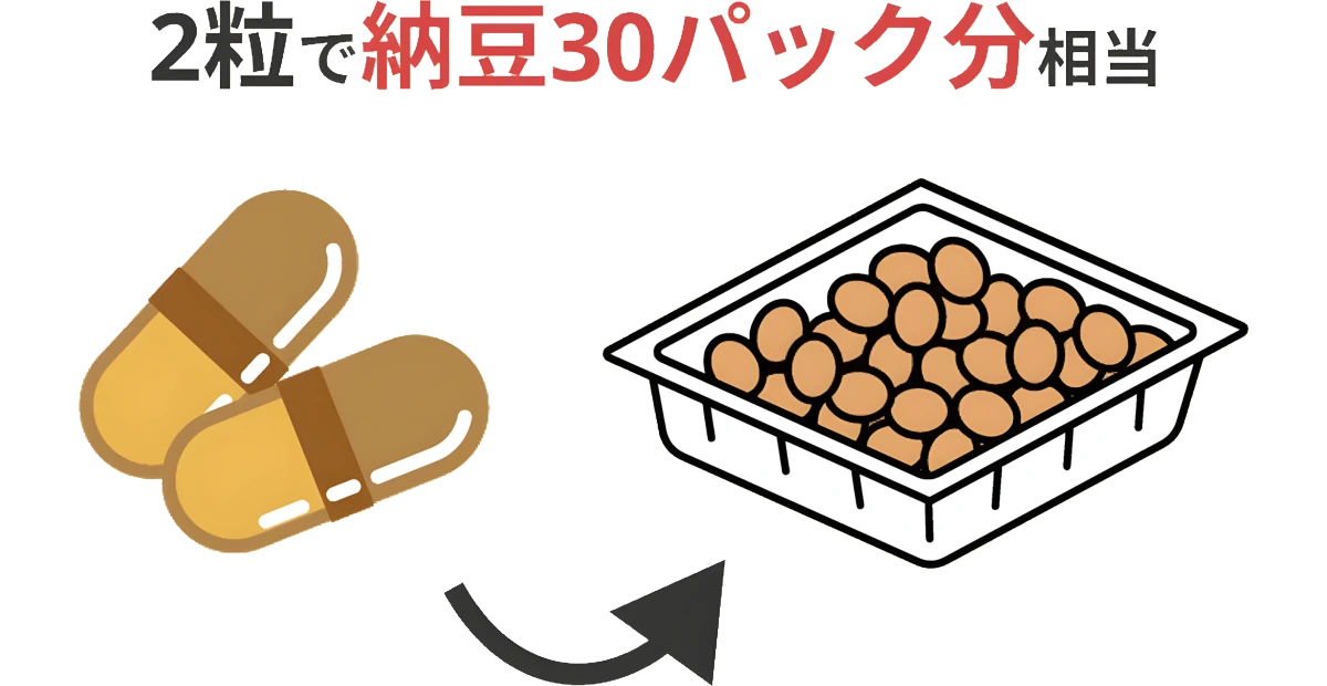 納豆サプリ2粒と納豆約30パック分の納豆菌量を比較したイラスト