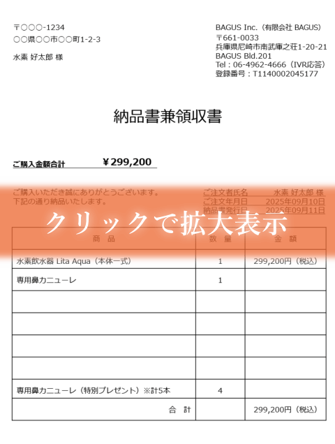 水素生成器リタアクアの納品書